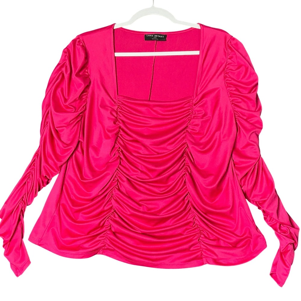 Lane Bryant Womens Hot Pink Ruched Square Neck Long Sleeve Top Plus Size 18/20